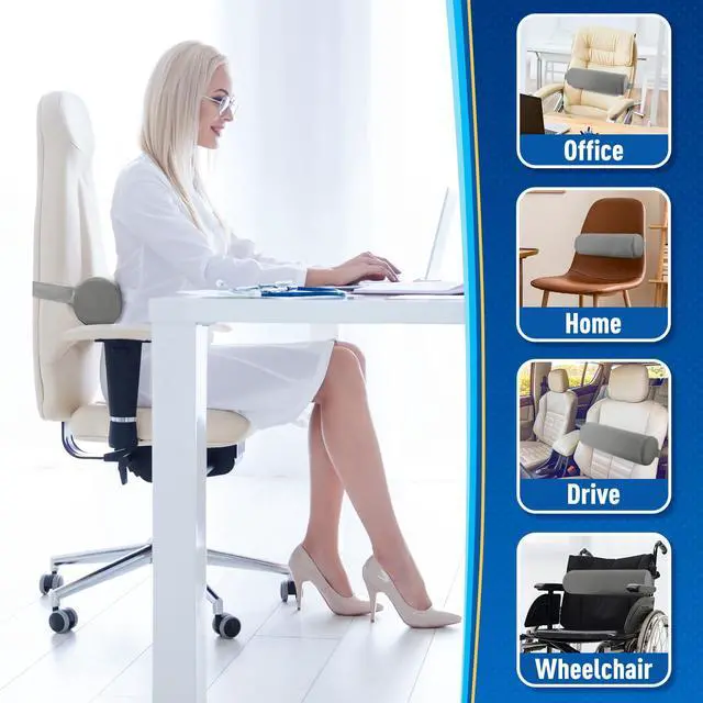Alt view image 7 of 7 - Memory Foam Lumbar Roll Support Pillow, Large Ligjt Gray | Helps Relieve Back Pain & Supports Posture,Adjustable Strap Fits Office,Car & Gaming Chairs,Washable Cover