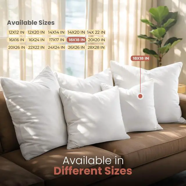 Alt view image 6 of 7 - 18x18 Pillow Inserts, White Throw Pillows for Couch, 2 Pack | 100% Virgin Filling, Indoor Cushion Inserts for bed, sofa & couch, Extra Filled, Supportive & Fluffy Decorative Pillows