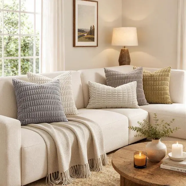 Alt view image 3 of 7 - Corduroy Decorative Throw Pillow Covers 20x20 Cream White Pack of 2 | Soft Boho Striped Pillow Covers Modern Farmhouse Home Decor For Sofa Living Room Couch Bed