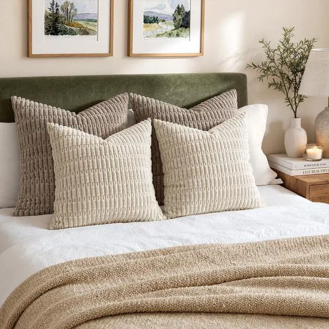 Alt view image 5 of 7 - Corduroy Decorative Throw Pillow Covers 20x20 Cream White Pack of 2 | Soft Boho Striped Pillow Covers Modern Farmhouse Home Decor For Sofa Living Room Couch Bed