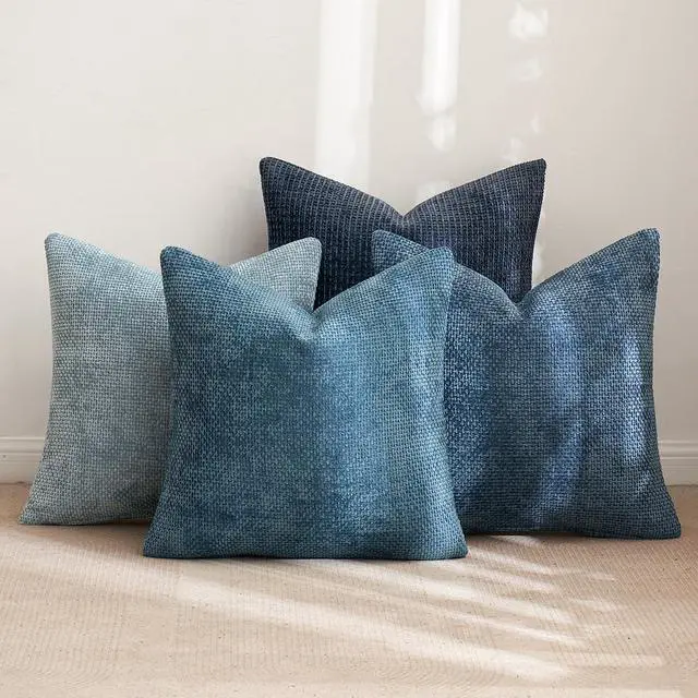 Alt view image 4 of 6 - Soft Decorative Chenille Pillow Covers Blue Series 18x18 Pack of 4 | Modern Coastal Decor, Blue Gradient Set, Couch Throw Pillows, Farmhouse Boho Cushion Covers for Sofa Bed Living Room