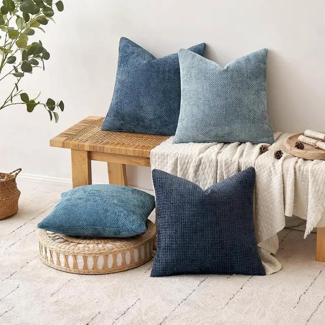 Alt view image 5 of 6 - Soft Decorative Chenille Pillow Covers Blue Series 18x18 Pack of 4 | Modern Coastal Decor, Blue Gradient Set, Couch Throw Pillows, Farmhouse Boho Cushion Covers for Sofa Bed Living Room