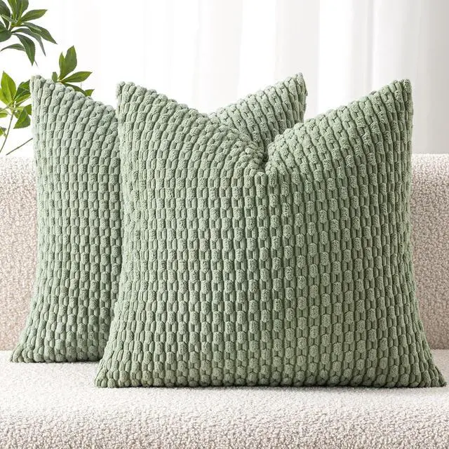 Main image of Decorative Throw Pillow Covers 18x18 Sage Green Textured Corduroy | Pack of 2 Striped Pillow Covers Modern Farmhouse Home Decor for Couch Bed Sofa Living Room