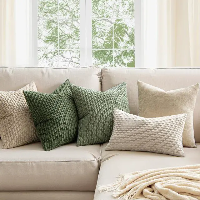 Alt view image 2 of 6 - Decorative Throw Pillow Covers 18x18 Sage Green Textured Corduroy | Pack of 2 Striped Pillow Covers Modern Farmhouse Home Decor for Couch Bed Sofa Living Room