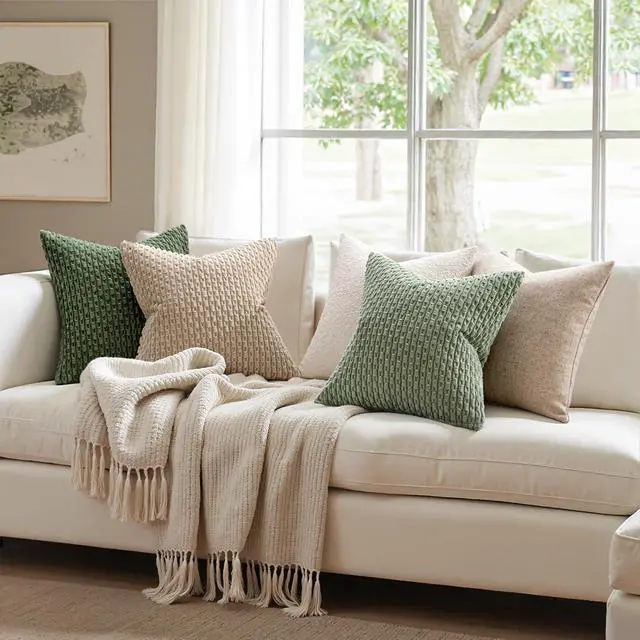 Alt view image 3 of 6 - Decorative Throw Pillow Covers 18x18 Sage Green Textured Corduroy | Pack of 2 Striped Pillow Covers Modern Farmhouse Home Decor for Couch Bed Sofa Living Room