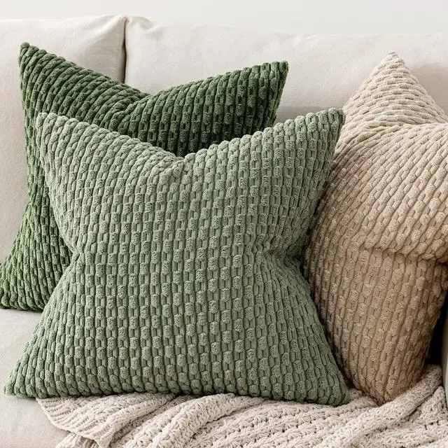 Alt view image 4 of 6 - Decorative Throw Pillow Covers 18x18 Sage Green Textured Corduroy | Pack of 2 Striped Pillow Covers Modern Farmhouse Home Decor for Couch Bed Sofa Living Room