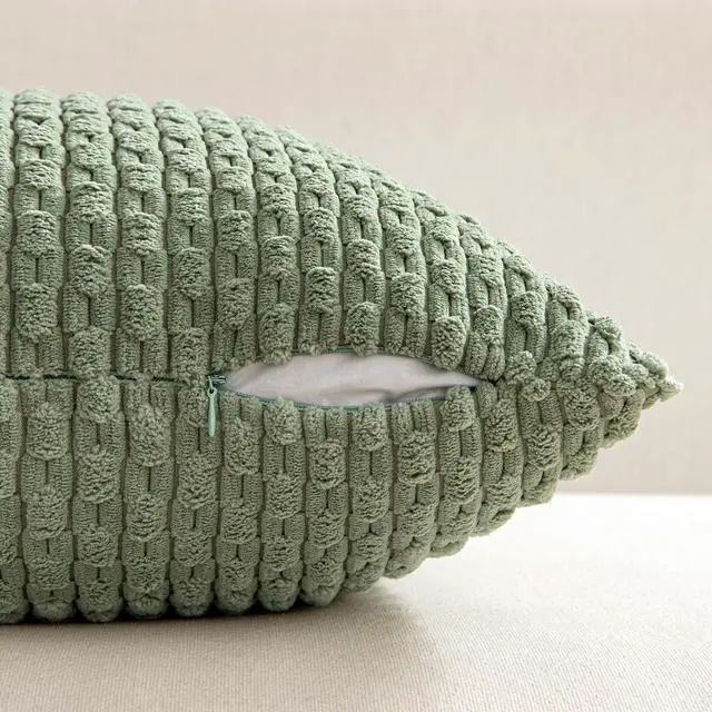 Alt view image 6 of 6 - Decorative Throw Pillow Covers 18x18 Sage Green Textured Corduroy | Pack of 2 Striped Pillow Covers Modern Farmhouse Home Decor for Couch Bed Sofa Living Room