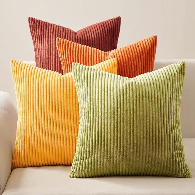 Main image of Fall Burnt Orange Decorative Throw Pillows Covers 18x18 Inch Set of 4,Yellow Green Gradient Series Corduroy Striped Square Pillow Case,Western Modern Cushion Cover for Couch Sofa Bedroom