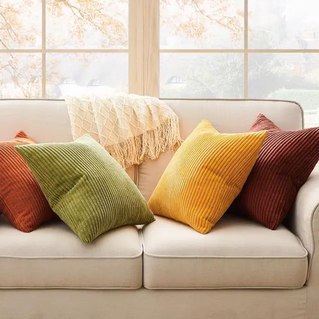 Alt view image 4 of 7 - Fall Burnt Orange Decorative Throw Pillows Covers 18x18 Inch Set of 4,Yellow Green Gradient Series Corduroy Striped Square Pillow Case,Western Modern Cushion Cover for Couch Sofa Bedroom