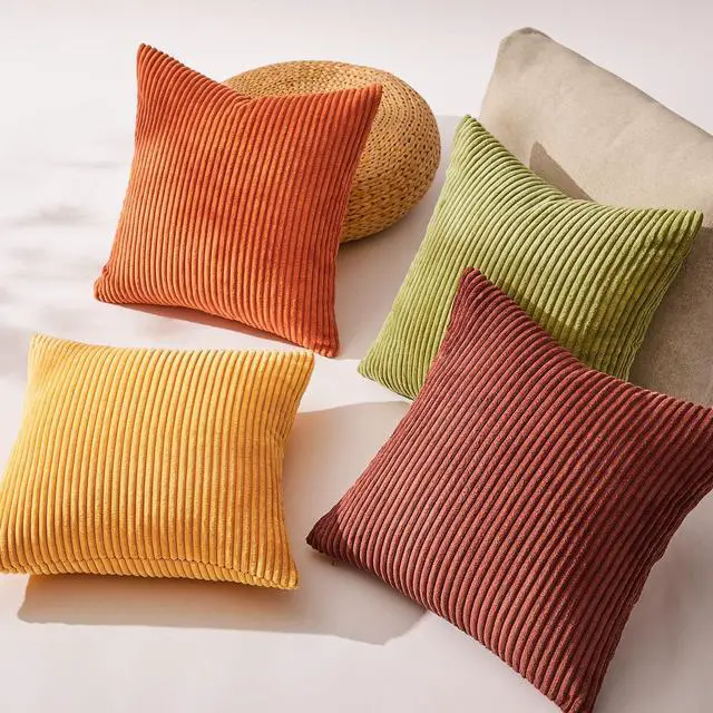 Alt view image 5 of 7 - Fall Burnt Orange Decorative Throw Pillows Covers 18x18 Inch Set of 4,Yellow Green Gradient Series Corduroy Striped Square Pillow Case,Western Modern Cushion Cover for Couch Sofa Bedroom