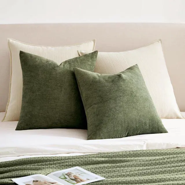 Alt view image 4 of 7 - Olive Green Chenille Couch Throw Pillow Covers, 18x18 | Set of 2, Soft Modern Farmhouse Style, Decorative Pillowcases for Sofa Living Room Bed, Home Decor