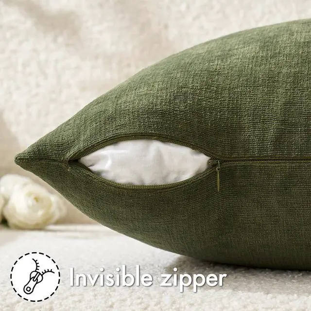 Alt view image 5 of 7 - Olive Green Chenille Couch Throw Pillow Covers, 18x18 | Set of 2, Soft Modern Farmhouse Style, Decorative Pillowcases for Sofa Living Room Bed, Home Decor