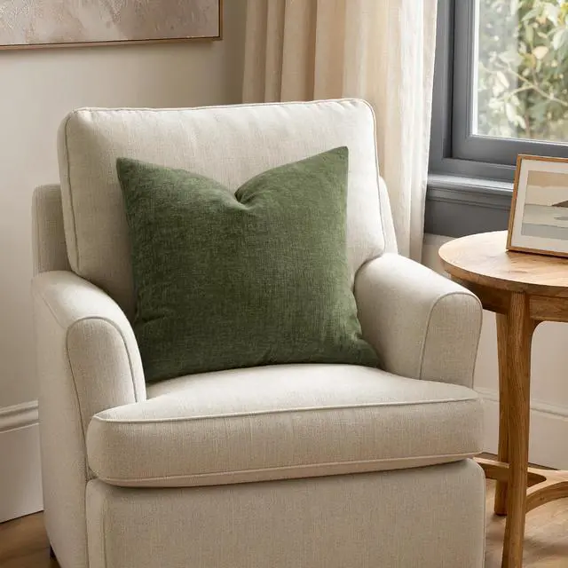 Alt view image 3 of 7 - Olive Green Chenille Couch Throw Pillow Covers, 18x18 | Set of 2, Soft Modern Farmhouse Style, Decorative Pillowcases for Sofa Living Room Bed, Home Decor