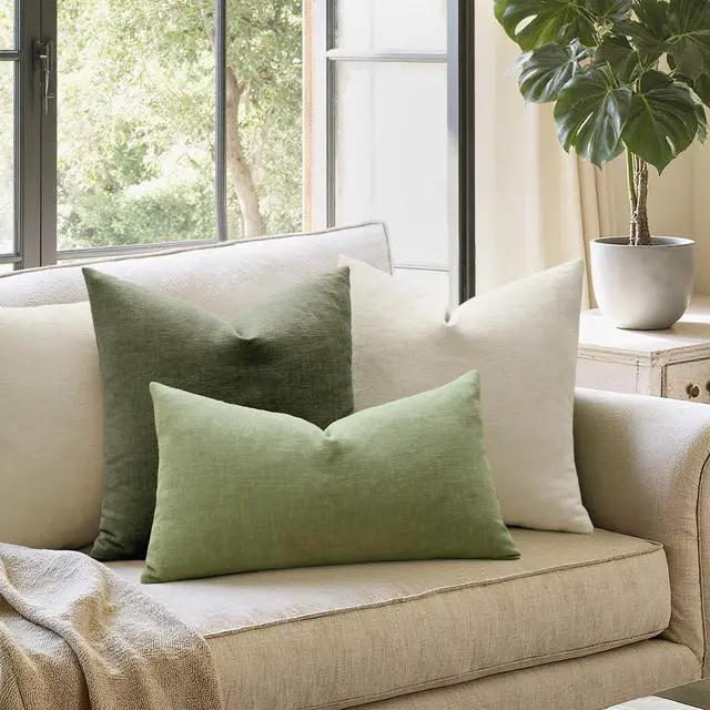 Alt view image 6 of 7 - Olive Green Chenille Couch Throw Pillow Covers, 18x18 | Set of 2, Soft Modern Farmhouse Style, Decorative Pillowcases for Sofa Living Room Bed, Home Decor