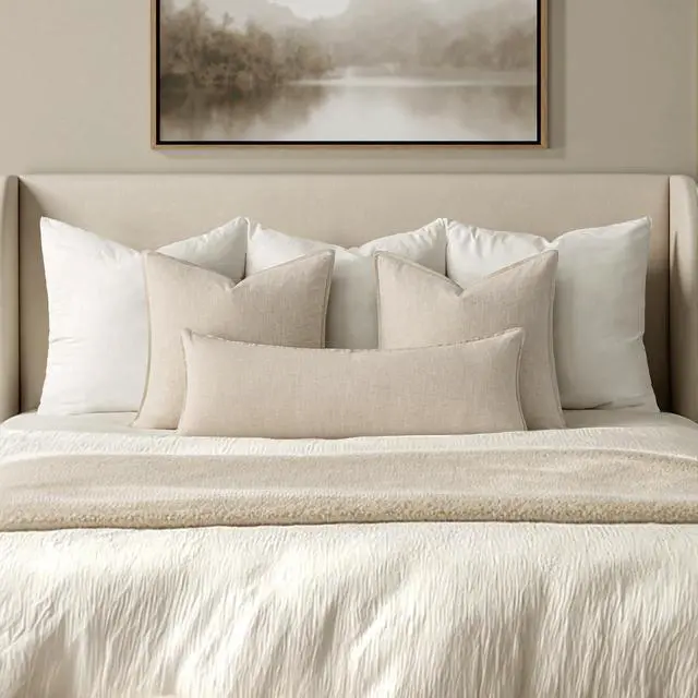 Alt view image 2 of 6 - Decorative Linen Lumbar Pillow Cover 14x36 Inch Natural Beige | Boho Farmhouse Neutral Couch Long Throw Pillow for Bed, Pack of 1 Accent Modern Pillowcase, Sofa Livingroom Home Decor