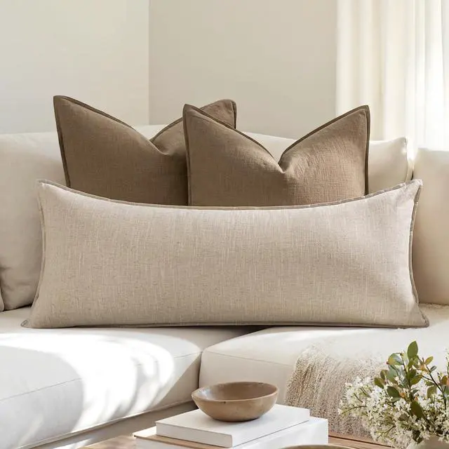 Alt view image 3 of 6 - Decorative Linen Lumbar Pillow Cover 14x36 Inch Natural Beige | Boho Farmhouse Neutral Couch Long Throw Pillow for Bed, Pack of 1 Accent Modern Pillowcase, Sofa Livingroom Home Decor
