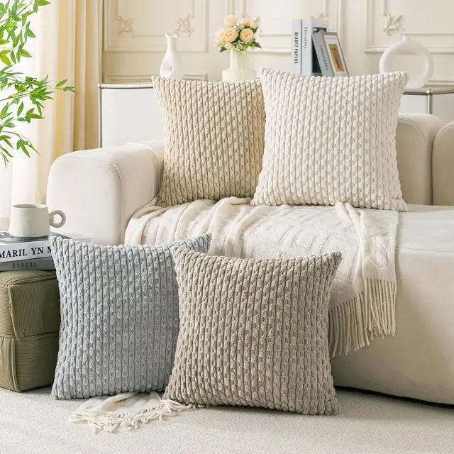 Main image of Set of 4 Neutral Decorative Throw Pillow Covers 18x18 Inch Corduroy Pillow Covers for Bed Couch Sofa Living Room Soft Square Cushion Cases