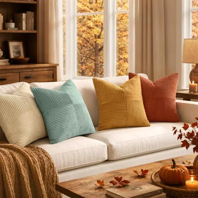 Alt view image 2 of 7 - Fall Teal Orange Decorative Throw Pillow Covers 18x18 Inch Set of 4 Boho Corduroy Striped Cushion Cases Modern Farmhouse Patchwork Pillow Cases for Couch Sofa Bedroom Home Decor