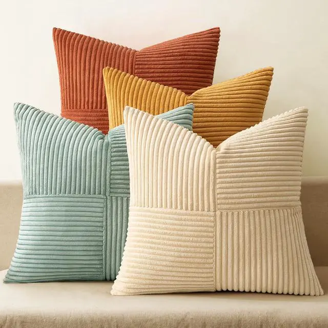 Main image of Fall Teal Orange Decorative Throw Pillow Covers 18x18 Inch Set of 4 Boho Corduroy Striped Cushion Cases Modern Farmhouse Patchwork Pillow Cases for Couch Sofa Bedroom Home Decor