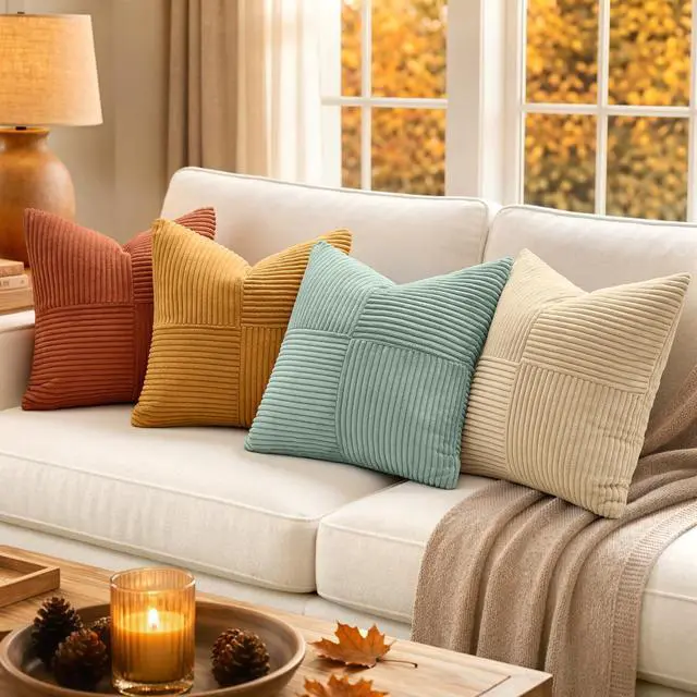 Alt view image 3 of 7 - Fall Teal Orange Decorative Throw Pillow Covers 18x18 Inch Set of 4 Boho Corduroy Striped Cushion Cases Modern Farmhouse Patchwork Pillow Cases for Couch Sofa Bedroom Home Decor