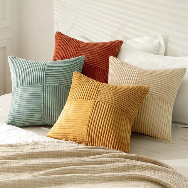 Alt view image 4 of 7 - Fall Teal Orange Decorative Throw Pillow Covers 18x18 Inch Set of 4 Boho Corduroy Striped Cushion Cases Modern Farmhouse Patchwork Pillow Cases for Couch Sofa Bedroom Home Decor