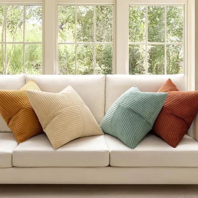 Alt view image 5 of 7 - Fall Teal Orange Decorative Throw Pillow Covers 18x18 Inch Set of 4 Boho Corduroy Striped Cushion Cases Modern Farmhouse Patchwork Pillow Cases for Couch Sofa Bedroom Home Decor