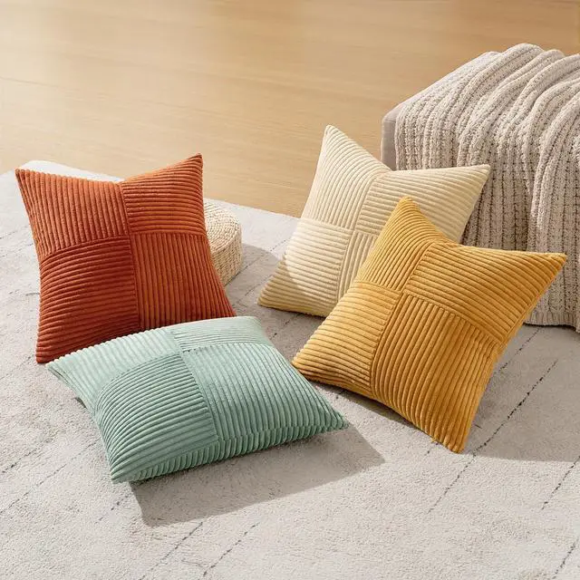 Alt view image 6 of 7 - Fall Teal Orange Decorative Throw Pillow Covers 18x18 Inch Set of 4 Boho Corduroy Striped Cushion Cases Modern Farmhouse Patchwork Pillow Cases for Couch Sofa Bedroom Home Decor