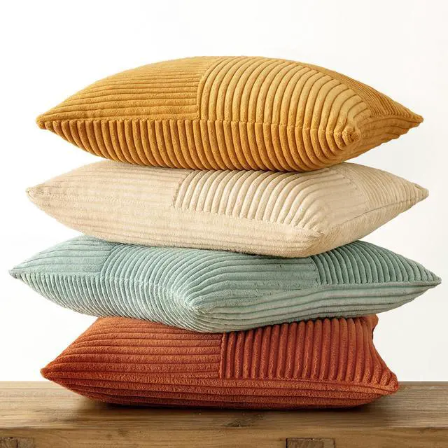 Alt view image 7 of 7 - Fall Teal Orange Decorative Throw Pillow Covers 18x18 Inch Set of 4 Boho Corduroy Striped Cushion Cases Modern Farmhouse Patchwork Pillow Cases for Couch Sofa Bedroom Home Decor