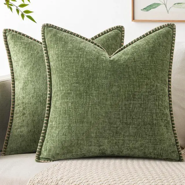 Main image of Decorative Couch Throw Pillow Covers 18x18 Inch Sage Green 2 Pack | Farmhouse Pillow Covers with Stitched Edge, Soft Chenille Cushion Cases, for Sofa Bed Living Room Home Decor