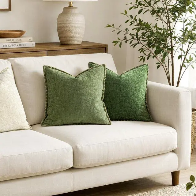 Alt view image 4 of 7 - Decorative Couch Throw Pillow Covers 18x18 Inch Sage Green 2 Pack | Farmhouse Pillow Covers with Stitched Edge, Soft Chenille Cushion Cases, for Sofa Bed Living Room Home Decor