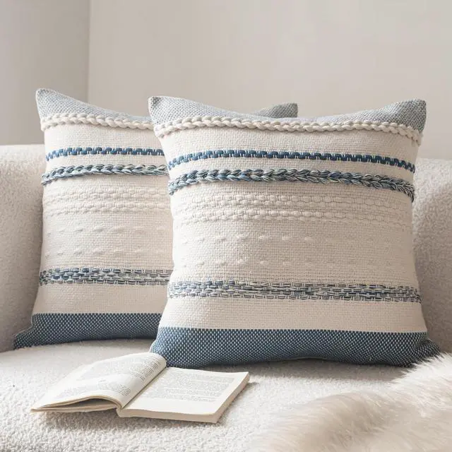 Main image of Boho Throw Pillow Covers 18x18 Inch Set of 2, Blue Textured Decorative Couch Pillow Cases for Farmhouse Home Decor, Accent Cushion Cover for Sofa, Bed, Living Room, Bedroom