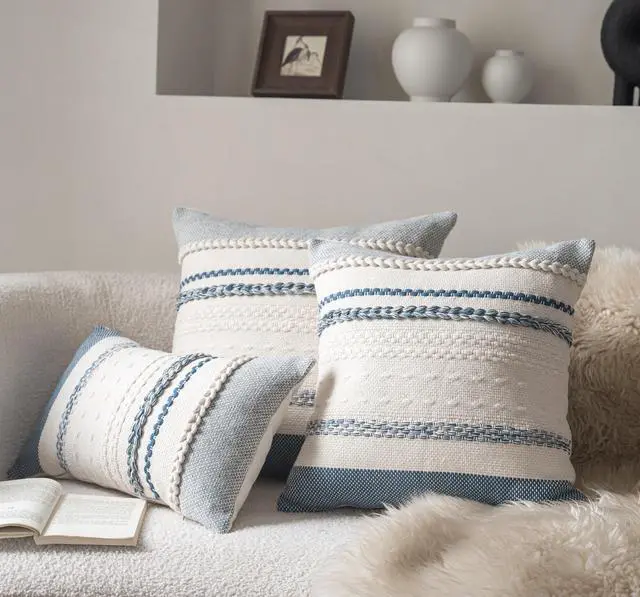 Alt view image 2 of 6 - Boho Throw Pillow Covers 18x18 Inch Set of 2, Blue Textured Decorative Couch Pillow Cases for Farmhouse Home Decor, Accent Cushion Cover for Sofa, Bed, Living Room, Bedroom