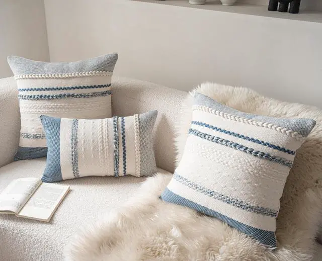 Alt view image 5 of 6 - Boho Throw Pillow Covers 18x18 Inch Set of 2, Blue Textured Decorative Couch Pillow Cases for Farmhouse Home Decor, Accent Cushion Cover for Sofa, Bed, Living Room, Bedroom