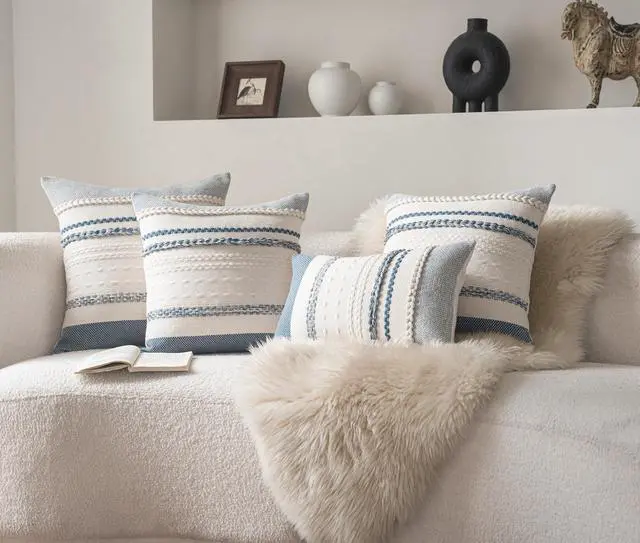 Alt view image 6 of 6 - Boho Throw Pillow Covers 18x18 Inch Set of 2, Blue Textured Decorative Couch Pillow Cases for Farmhouse Home Decor, Accent Cushion Cover for Sofa, Bed, Living Room, Bedroom