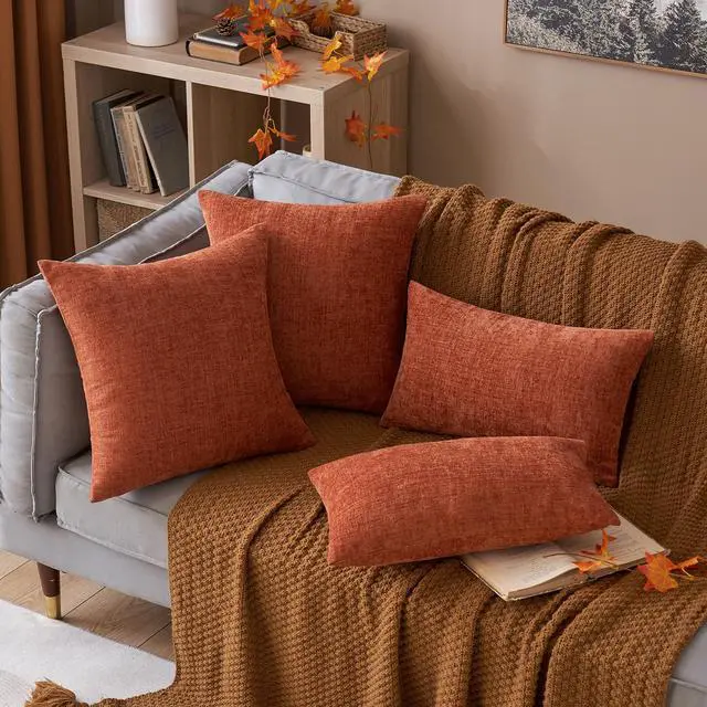 Alt view image 2 of 7 - Soft Chenille Fall Throw Pillow Covers Burnt Orange 18x18 Pack of 2 | Modern Fall Home Decor, Classic Decorative Pillows, Solid Dyed Cases, Boho Couch Cushion Covers for Sofa Bed Living Room