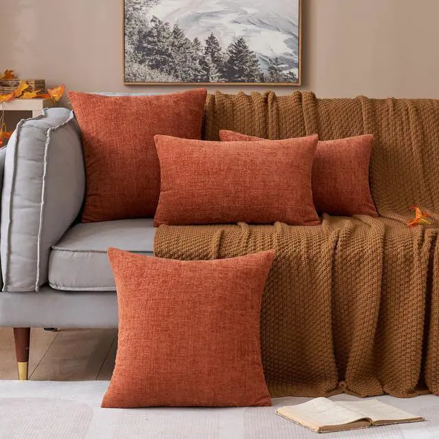 Alt view image 3 of 7 - Soft Chenille Fall Throw Pillow Covers Burnt Orange 18x18 Pack of 2 | Modern Fall Home Decor, Classic Decorative Pillows, Solid Dyed Cases, Boho Couch Cushion Covers for Sofa Bed Living Room