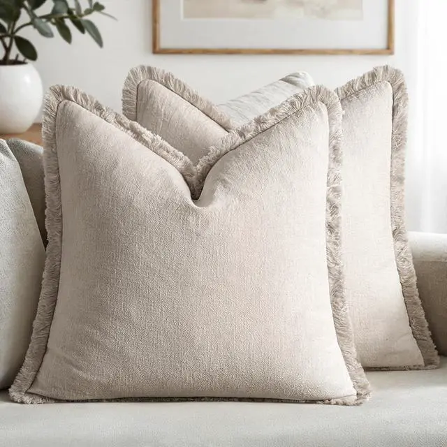 Main image of Linen Fringe Decorative Throw Pillow Covers Natural Beige 20x20 | Set of 2, Cottagecore Decor, Boho Farmhouse Neutral Pillow Covers, Rustic Couch Cushion Cases for Sofa Bed Living Room