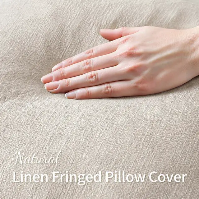 Alt view image 2 of 7 - Linen Fringe Decorative Throw Pillow Covers Natural Beige 20x20 | Set of 2, Cottagecore Decor, Boho Farmhouse Neutral Pillow Covers, Rustic Couch Cushion Cases for Sofa Bed Living Room