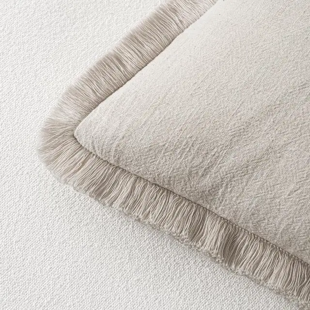 Alt view image 3 of 7 - Linen Fringe Decorative Throw Pillow Covers Natural Beige 20x20 | Set of 2, Cottagecore Decor, Boho Farmhouse Neutral Pillow Covers, Rustic Couch Cushion Cases for Sofa Bed Living Room