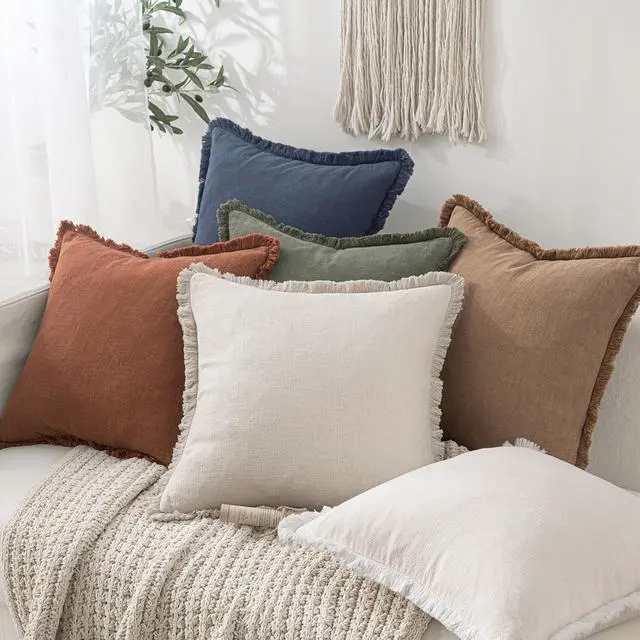 Alt view image 6 of 7 - Linen Fringe Decorative Throw Pillow Covers Natural Beige 20x20 | Set of 2, Cottagecore Decor, Boho Farmhouse Neutral Pillow Covers, Rustic Couch Cushion Cases for Sofa Bed Living Room