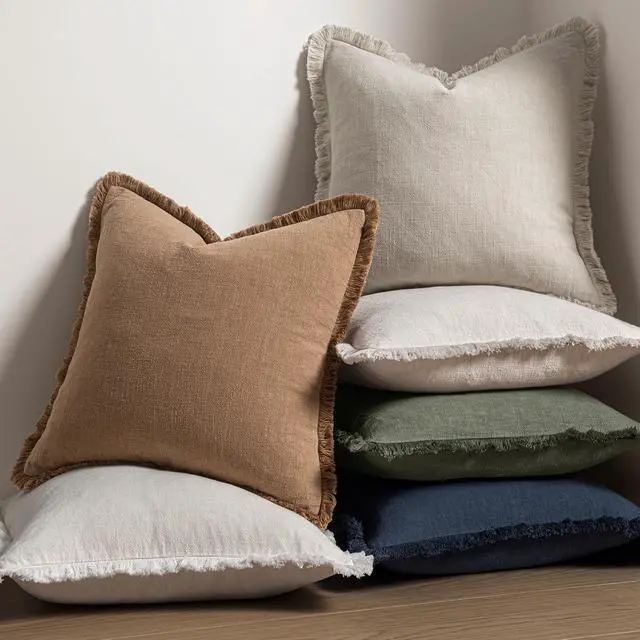 Alt view image 5 of 7 - Linen Fringe Decorative Throw Pillow Covers Natural Beige 20x20 | Set of 2, Cottagecore Decor, Boho Farmhouse Neutral Pillow Covers, Rustic Couch Cushion Cases for Sofa Bed Living Room