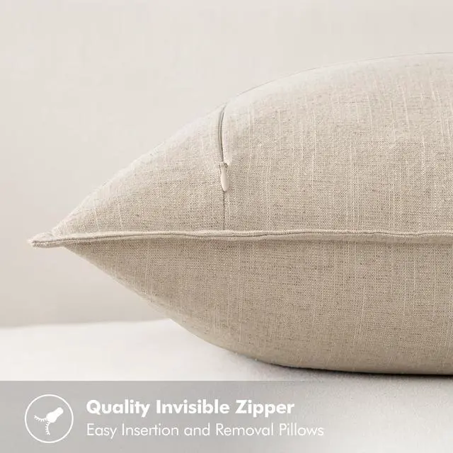 Alt view image 3 of 6 - Decorative Linen Euro Sham Pillow Covers 24x24 Natural Beige | Boho Farmhouse Neutral Couch Throw Pillows for Bed, Pack of 2 Accent Modern Pillowcases, Sofa Livingroom Home Decor