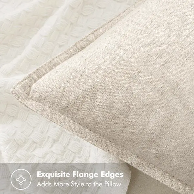 Alt view image 2 of 6 - Decorative Linen Euro Sham Pillow Covers 24x24 Natural Beige | Boho Farmhouse Neutral Couch Throw Pillows for Bed, Pack of 2 Accent Modern Pillowcases, Sofa Livingroom Home Decor