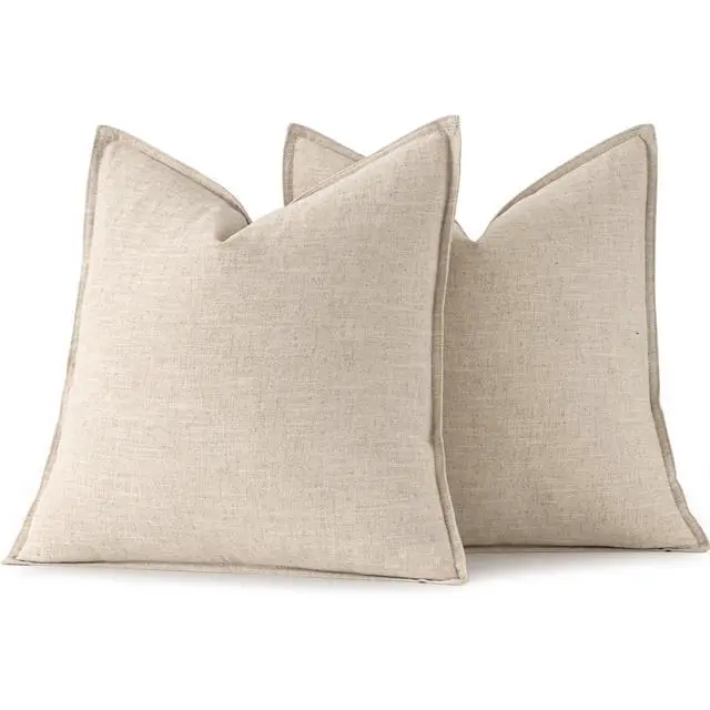 Alt view image 6 of 6 - Decorative Linen Euro Sham Pillow Covers 24x24 Natural Beige | Boho Farmhouse Neutral Couch Throw Pillows for Bed, Pack of 2 Accent Modern Pillowcases, Sofa Livingroom Home Decor
