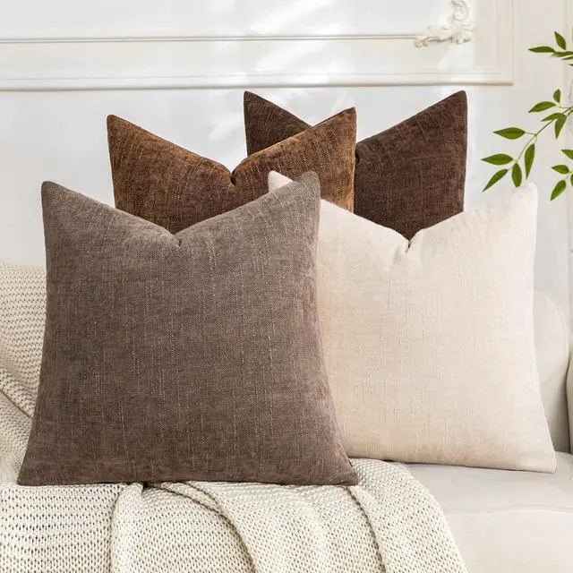 Main image of Set of 4 Soft Textured Throw Pillow Covers 18x18 Inch Cozy Decorative Farmhouse Cushion Cover Square Accent Pillow Cases for Bed Couch Sofa Living Room, Beige Taupe Brown