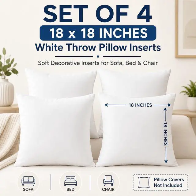 Alt view image 2 of 7 - 18 x 18 inches Pillow Inserts, Set of 4 Hypoallergenic Brushed Microfiber Liner Down Alternative Filled Square Cushion Throw Pillow