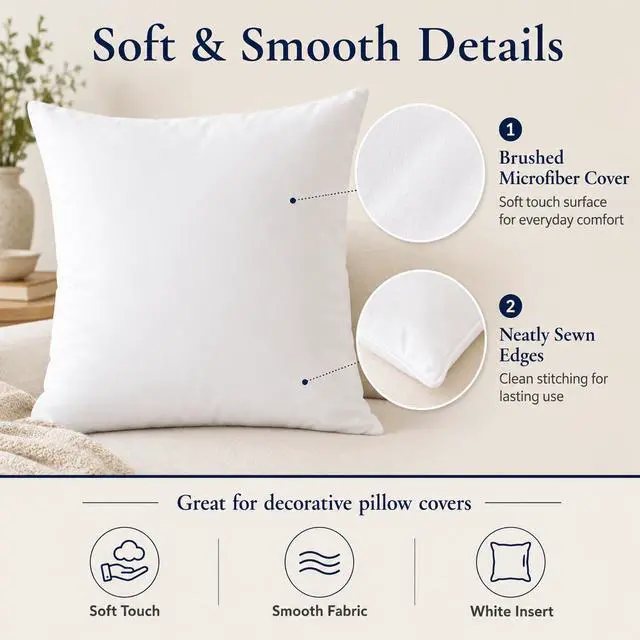 Alt view image 4 of 7 - 18 x 18 inches Pillow Inserts, Set of 4 Hypoallergenic Brushed Microfiber Liner Down Alternative Filled Square Cushion Throw Pillow