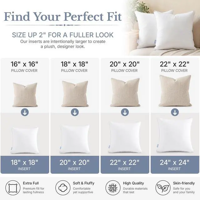 Alt view image 7 of 7 - 18x18 Throw Pillow Inserts Set of 2-100% Cotton Cover | Fluffy yet Firm Square Decorative Pillow Inserts with Down Alternative for Sofa, Couch, Beds & Bench, White Cushions