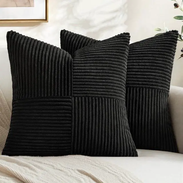 Main image of Black Decorative Throw Pillow Covers for Couch 18x18 Inch | 2 Pack, Boho Farmhouse Pillow Covers, Soft Cross Corduroy Patchwork Textured Cushion Cases For Bed Sofa