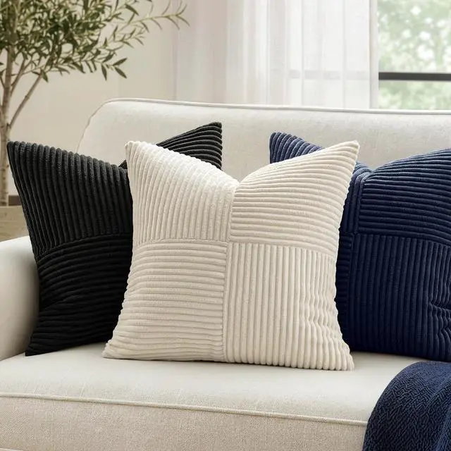 Alt view image 3 of 7 - Black Decorative Throw Pillow Covers for Couch 18x18 Inch | 2 Pack, Boho Farmhouse Pillow Covers, Soft Cross Corduroy Patchwork Textured Cushion Cases For Bed Sofa